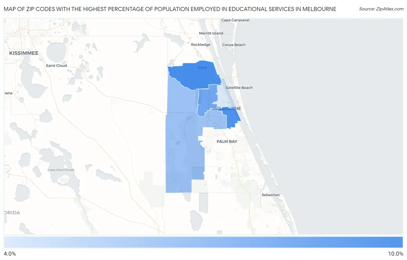 Zip Codes with the Highest Percentage of Population Employed in Educational Services in Melbourne Map