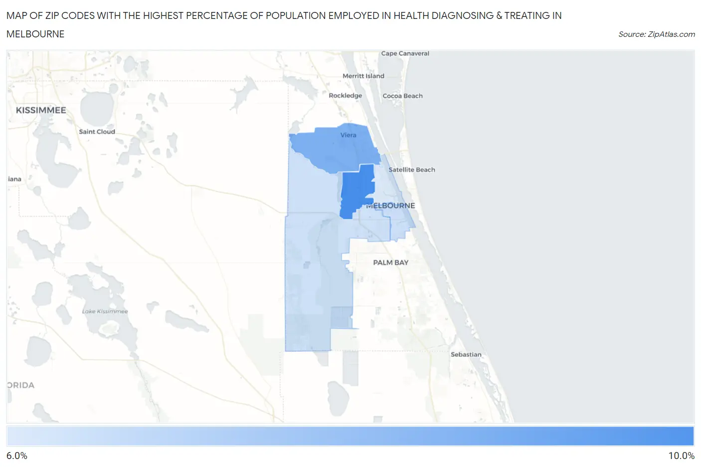 Zip Codes with the Highest Percentage of Population Employed in Health Diagnosing & Treating in Melbourne Map