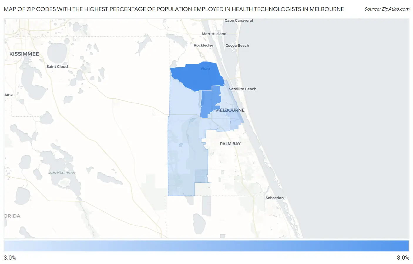 Zip Codes with the Highest Percentage of Population Employed in Health Technologists in Melbourne Map