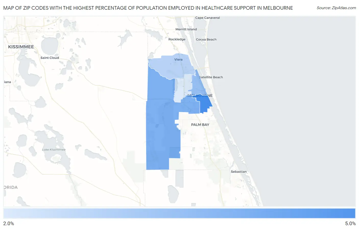 Zip Codes with the Highest Percentage of Population Employed in Healthcare Support in Melbourne Map