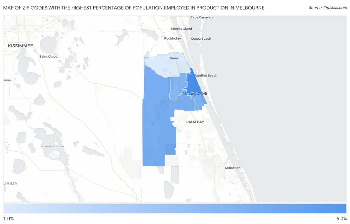 Zip Codes with the Highest Percentage of Population Employed in Production in Melbourne Map