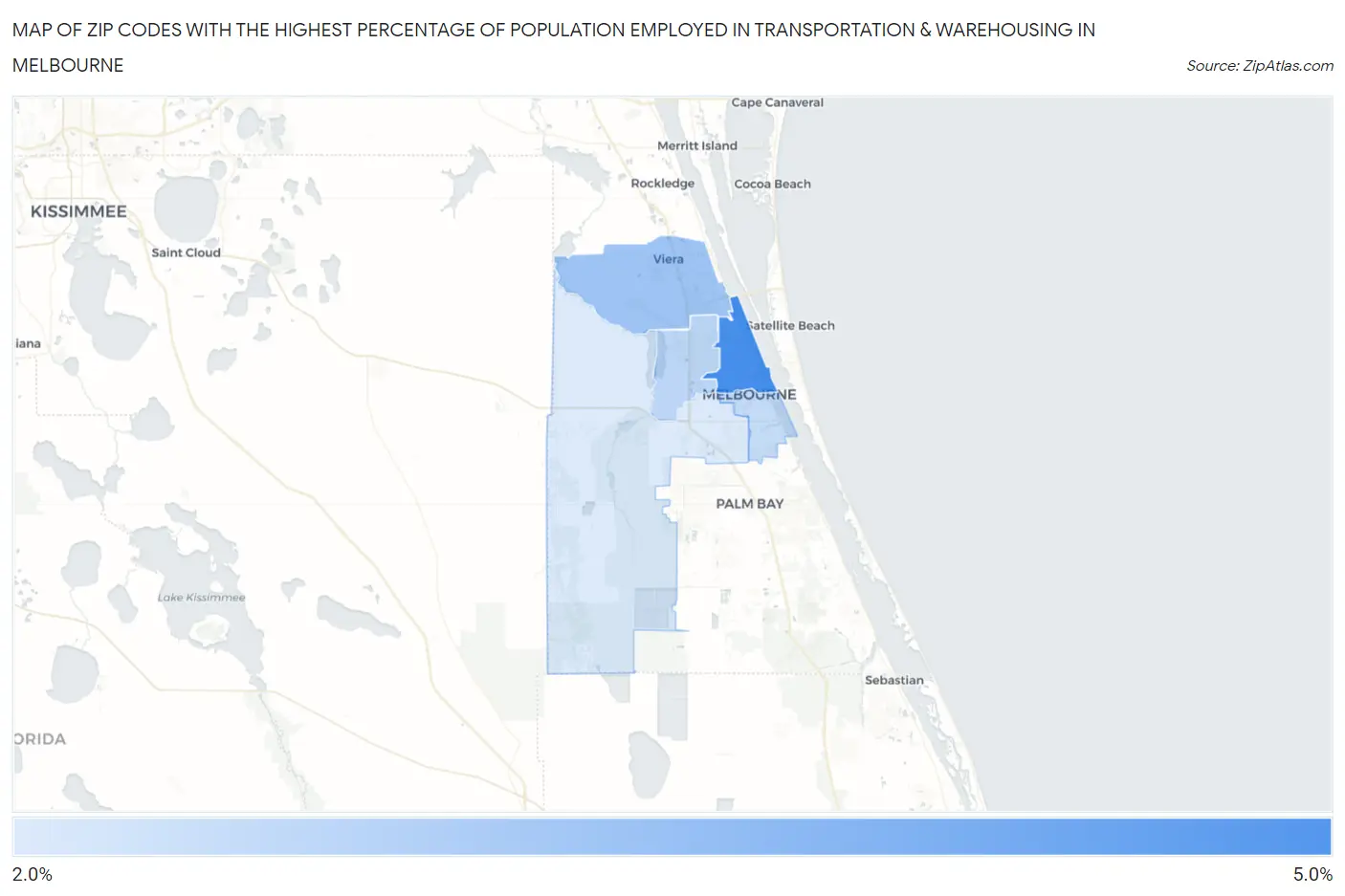 Zip Codes with the Highest Percentage of Population Employed in Transportation & Warehousing in Melbourne Map