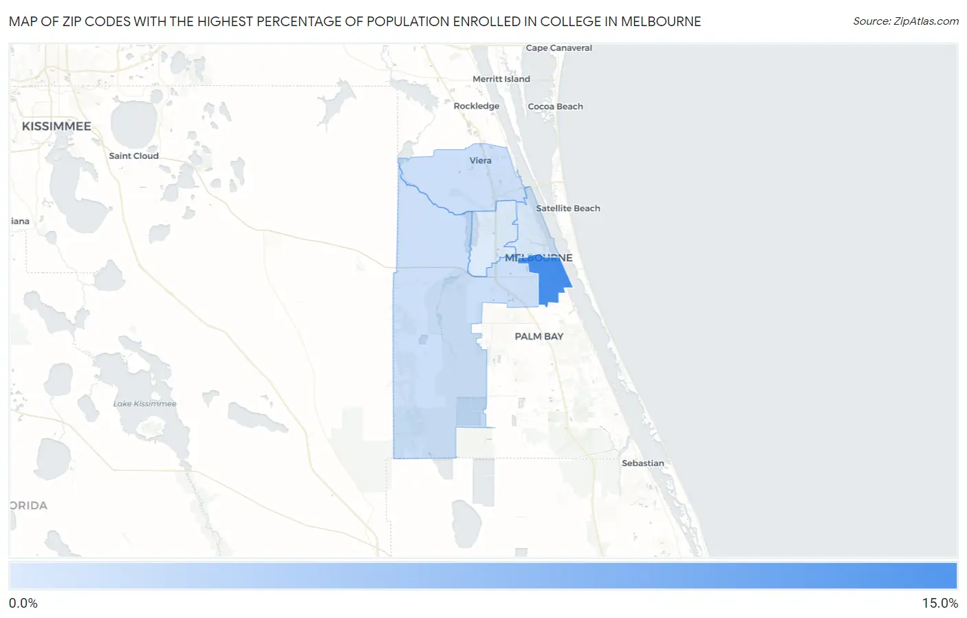 Zip Codes with the Highest Percentage of Population Enrolled in College in Melbourne Map
