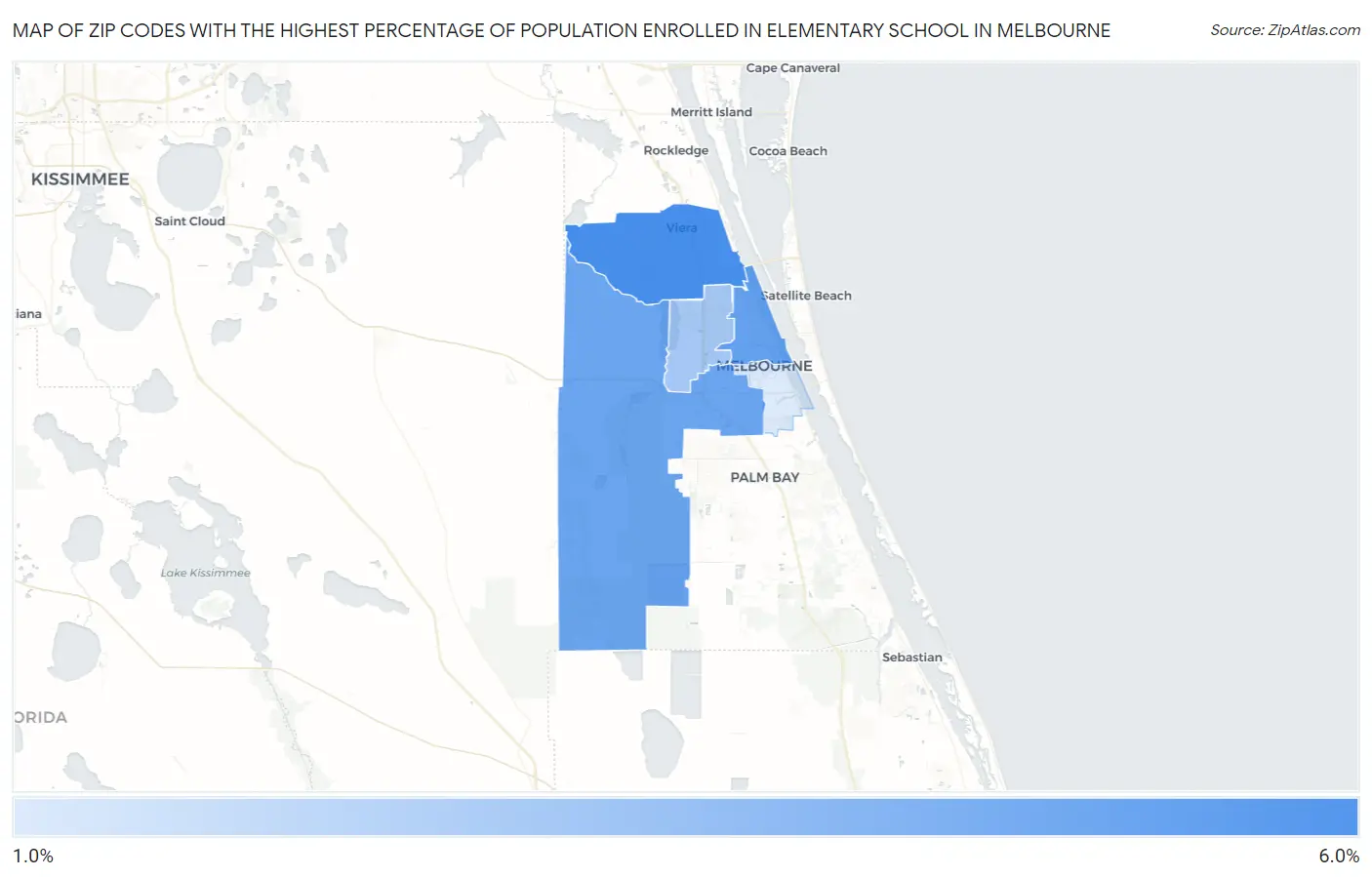 Zip Codes with the Highest Percentage of Population Enrolled in Elementary School in Melbourne Map