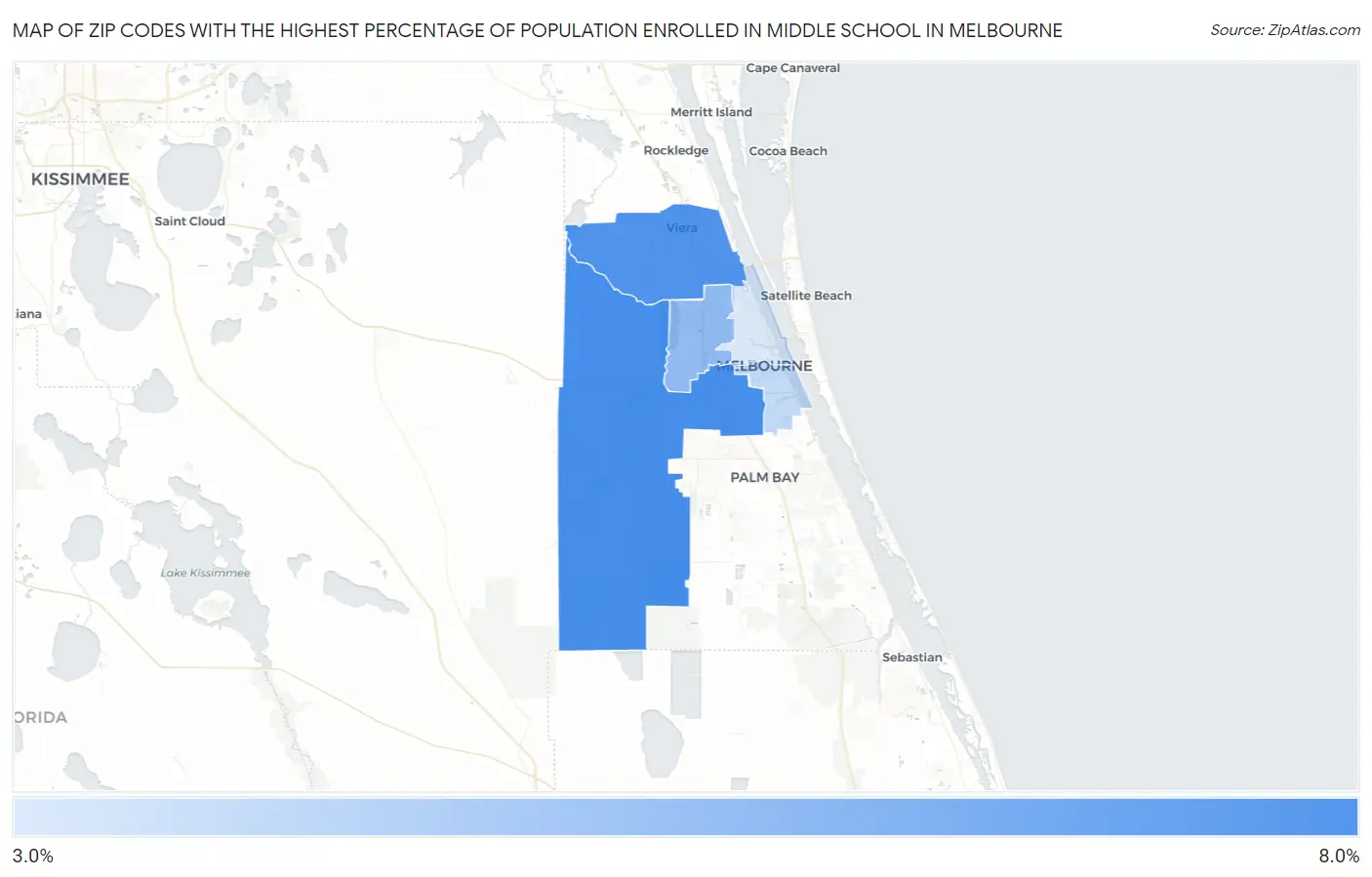Zip Codes with the Highest Percentage of Population Enrolled in Middle School in Melbourne Map