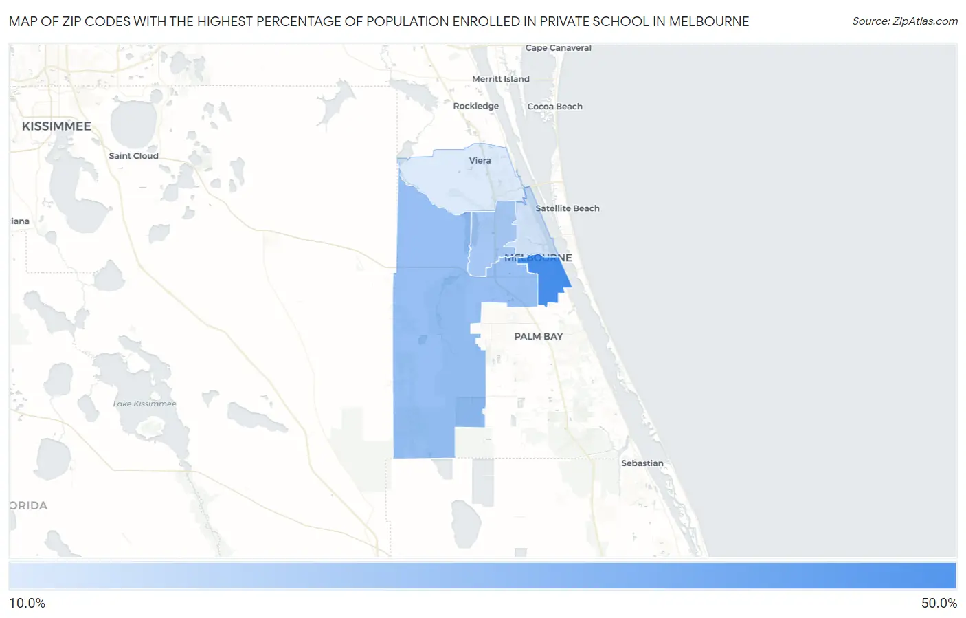 Zip Codes with the Highest Percentage of Population Enrolled in Private School in Melbourne Map