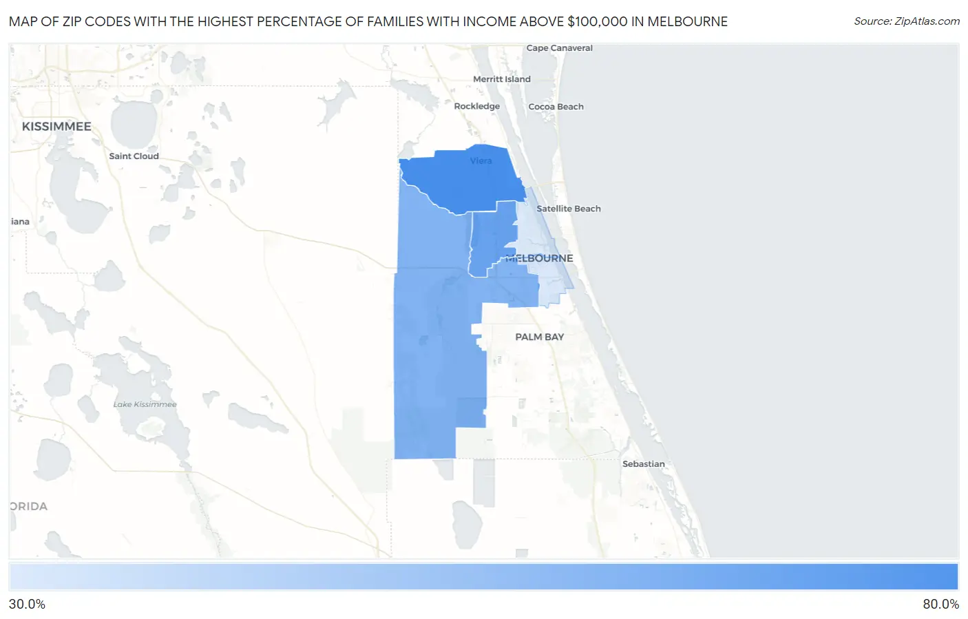 Zip Codes with the Highest Percentage of Families with Income Above $100,000 in Melbourne Map