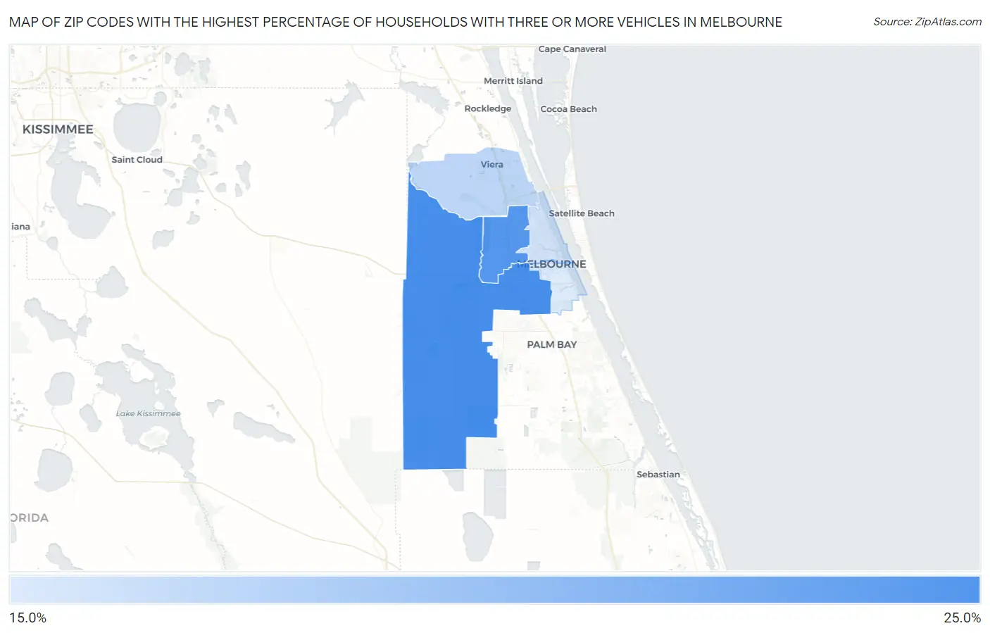 Zip Codes with the Highest Percentage of Households With Three or more Vehicles in Melbourne Map