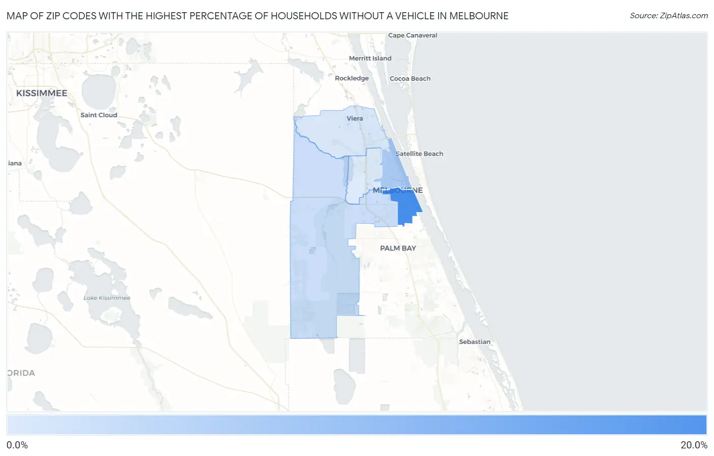Zip Codes with the Highest Percentage of Households Without a Vehicle in Melbourne Map