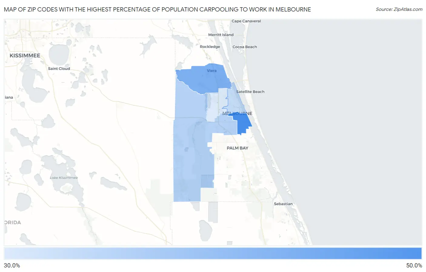 Zip Codes with the Highest Percentage of Population Carpooling to Work in Melbourne Map