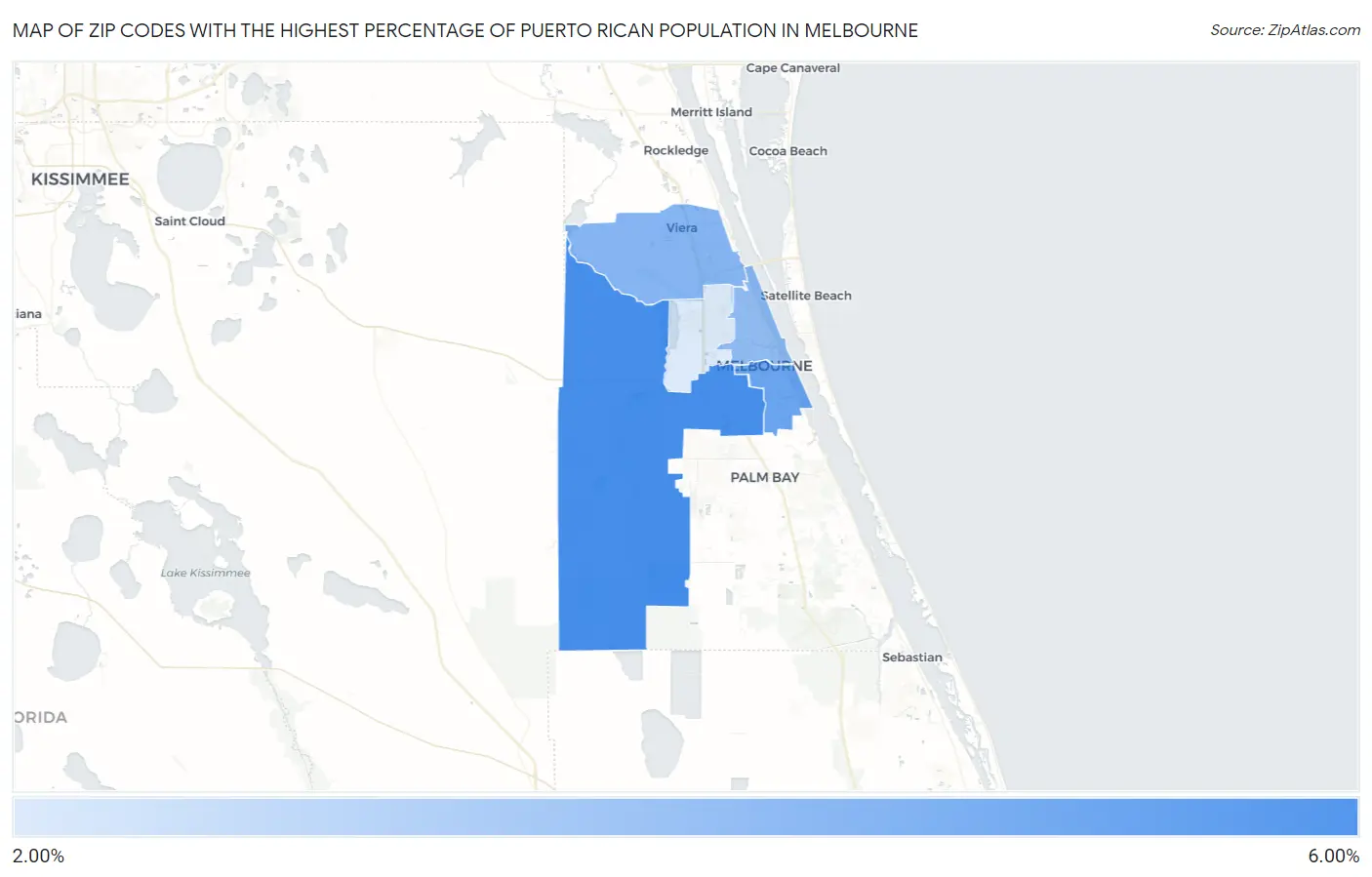 Zip Codes with the Highest Percentage of Puerto Rican Population in Melbourne Map