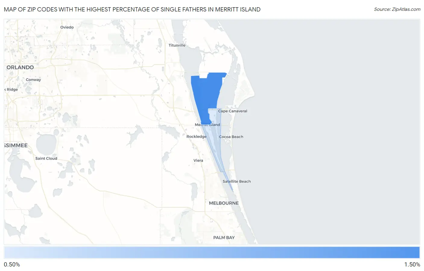 Zip Codes with the Highest Percentage of Single Fathers in Merritt Island Map
