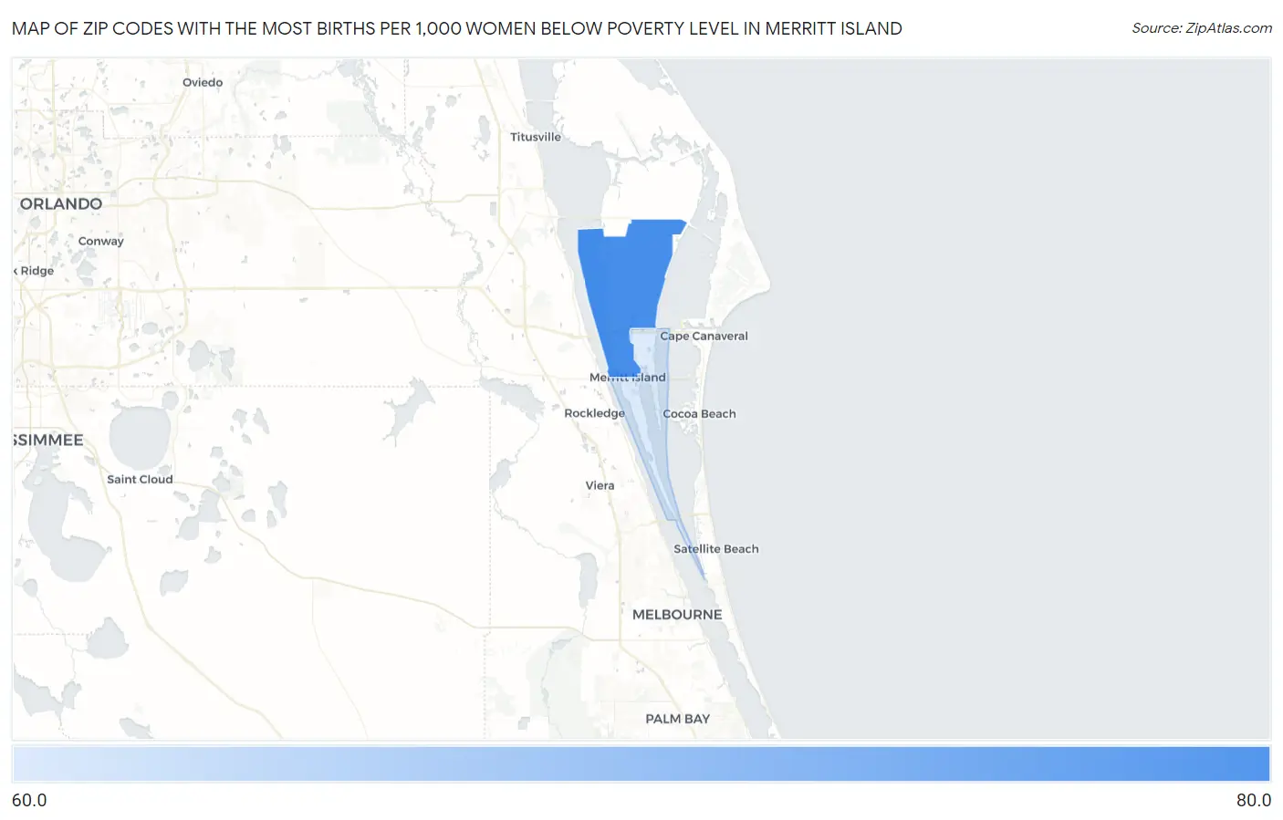 Zip Codes with the Most Births per 1,000 Women Below Poverty Level in Merritt Island Map