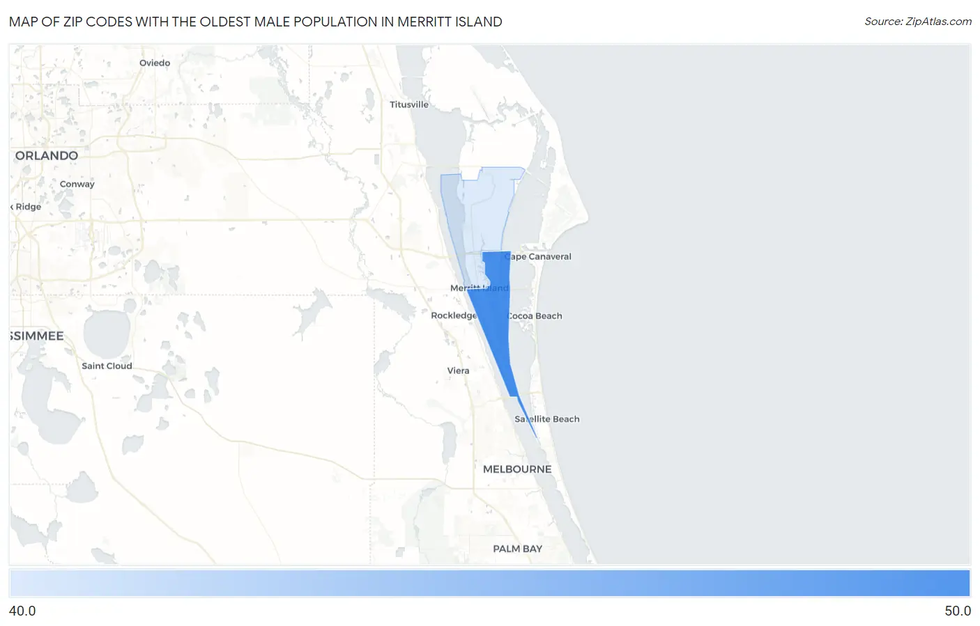 Zip Codes with the Oldest Male Population in Merritt Island Map