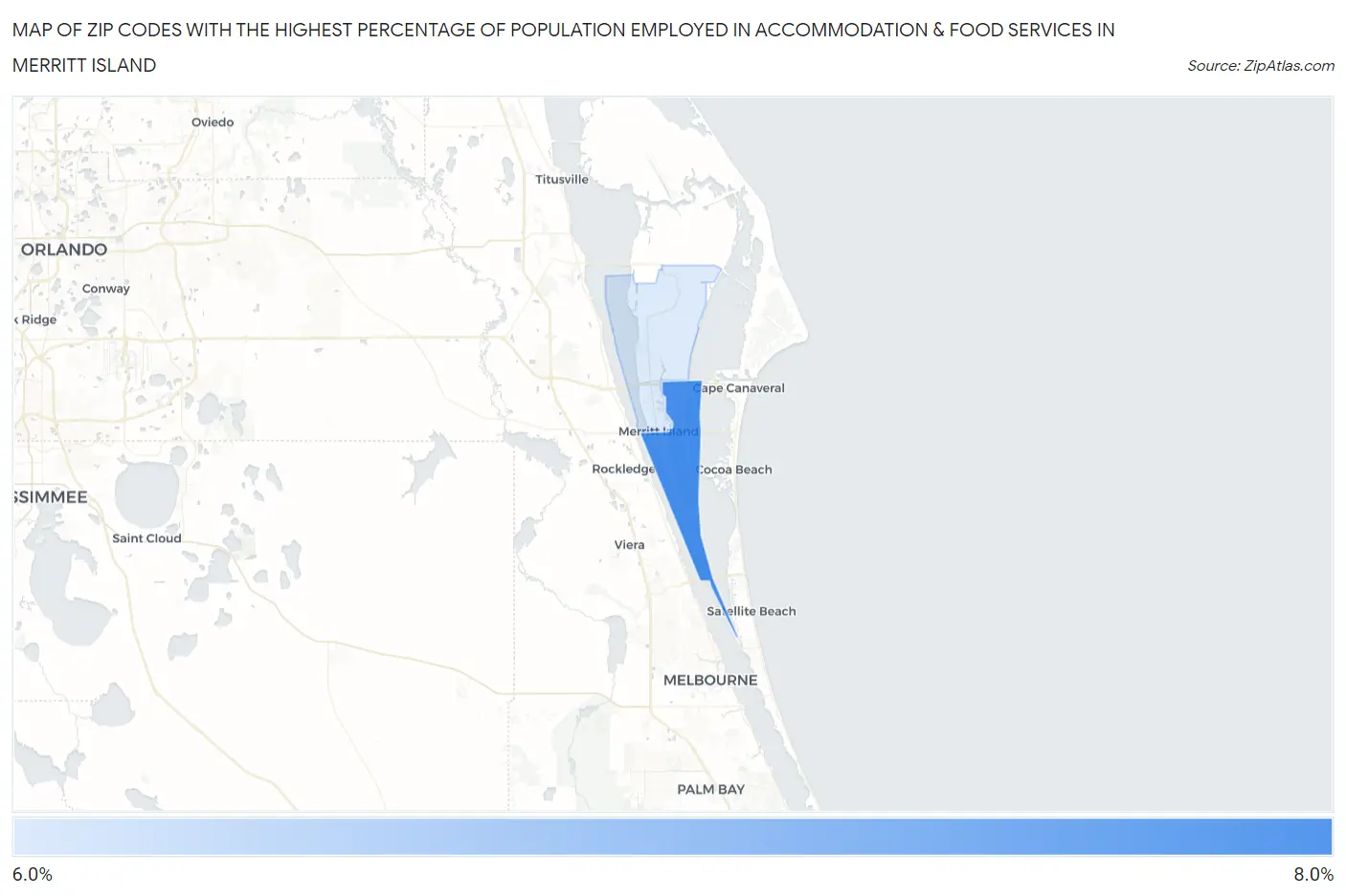 Zip Codes with the Highest Percentage of Population Employed in Accommodation & Food Services in Merritt Island Map