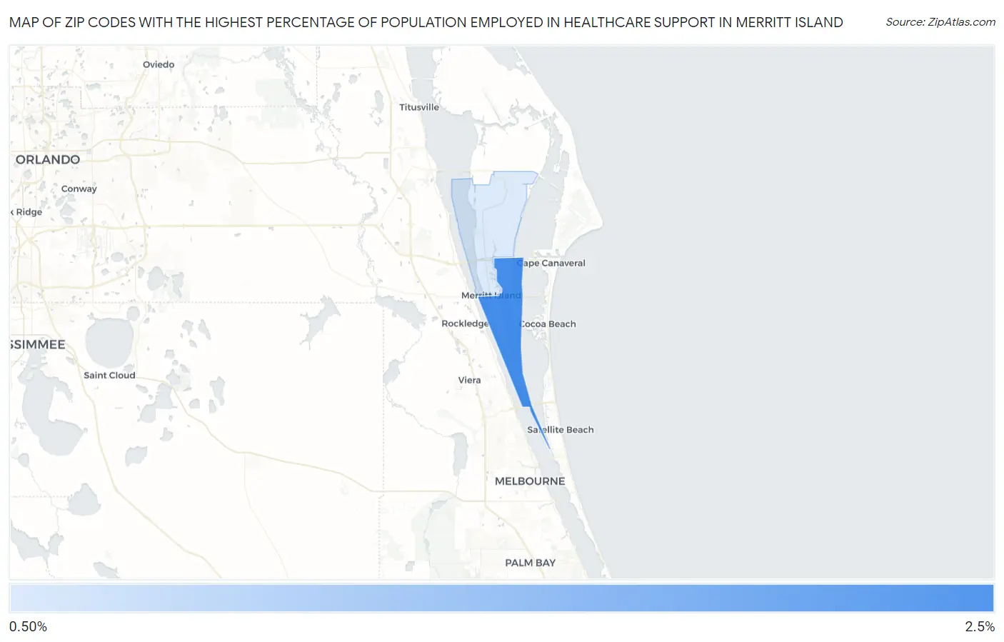 Zip Codes with the Highest Percentage of Population Employed in Healthcare Support in Merritt Island Map