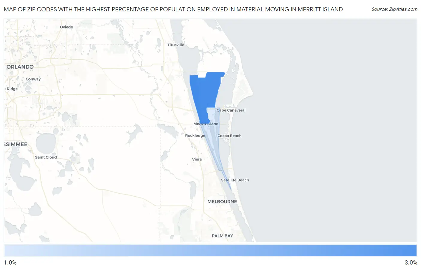 Zip Codes with the Highest Percentage of Population Employed in Material Moving in Merritt Island Map