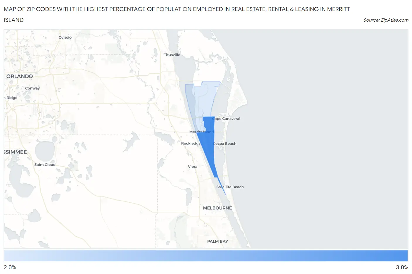 Zip Codes with the Highest Percentage of Population Employed in Real Estate, Rental & Leasing in Merritt Island Map