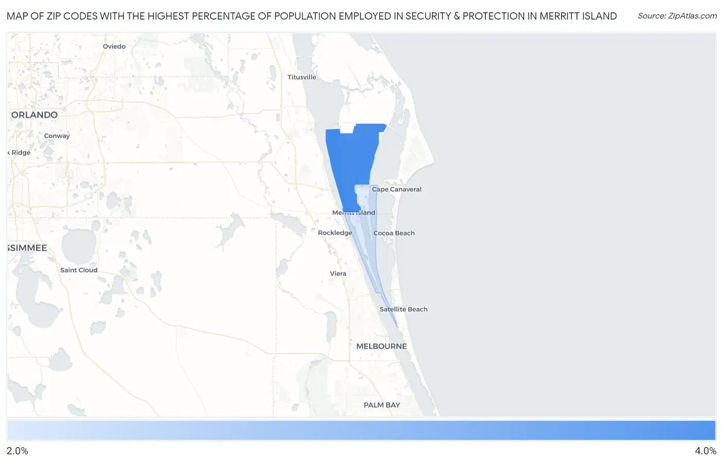 Zip Codes with the Highest Percentage of Population Employed in Security & Protection in Merritt Island Map