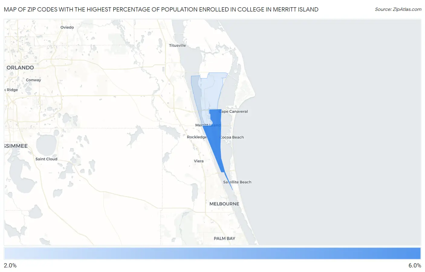 Zip Codes with the Highest Percentage of Population Enrolled in College in Merritt Island Map
