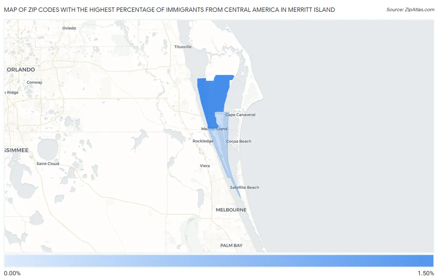 Zip Codes with the Highest Percentage of Immigrants from Central America in Merritt Island Map