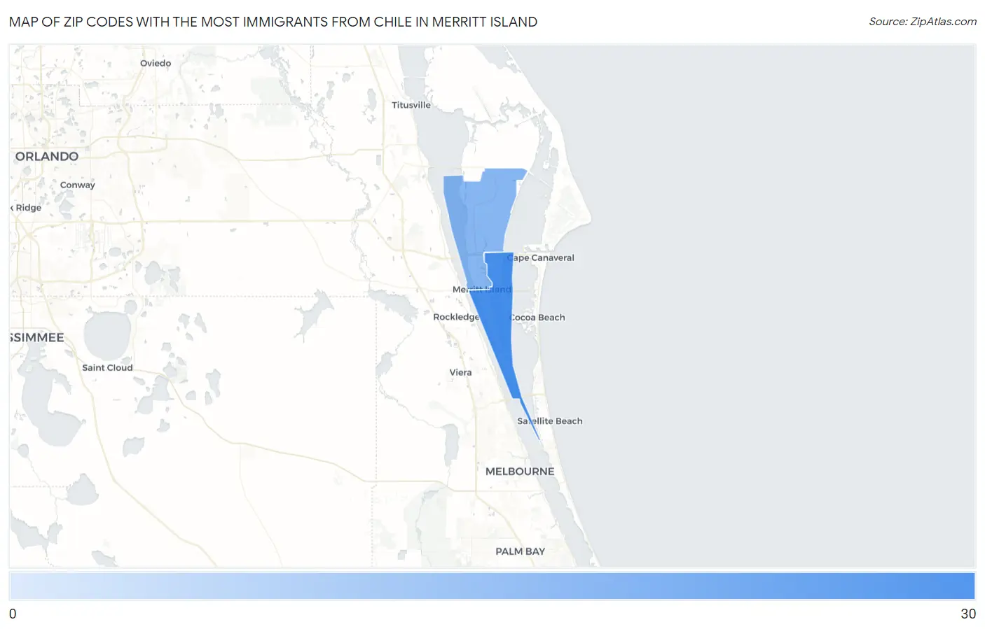 Zip Codes with the Most Immigrants from Chile in Merritt Island Map