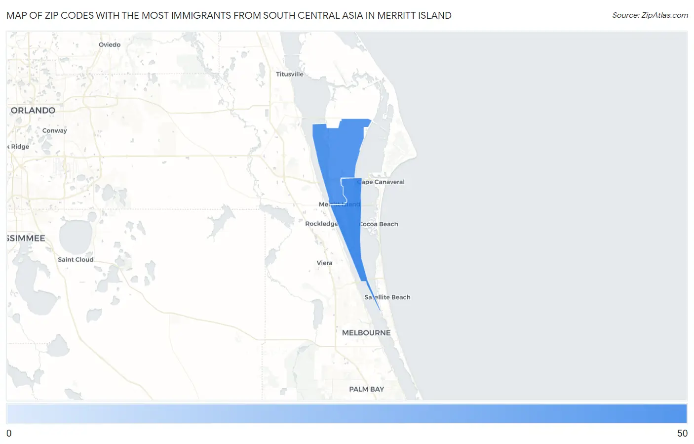 Zip Codes with the Most Immigrants from South Central Asia in Merritt Island Map
