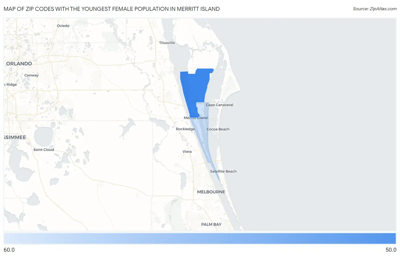 Zip Codes with the Youngest Female Population in Merritt Island Map