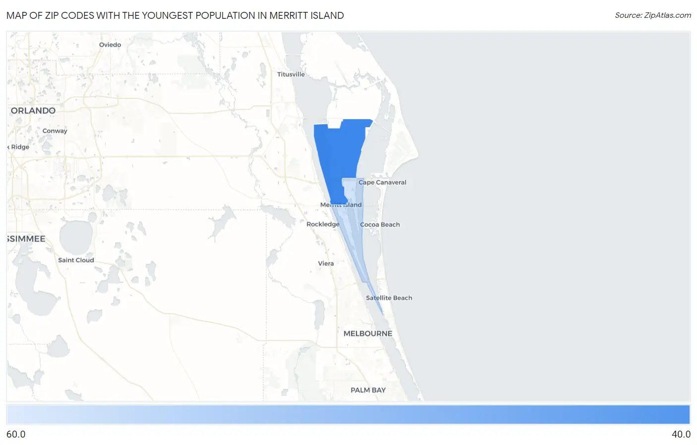 Zip Codes with the Youngest Population in Merritt Island Map