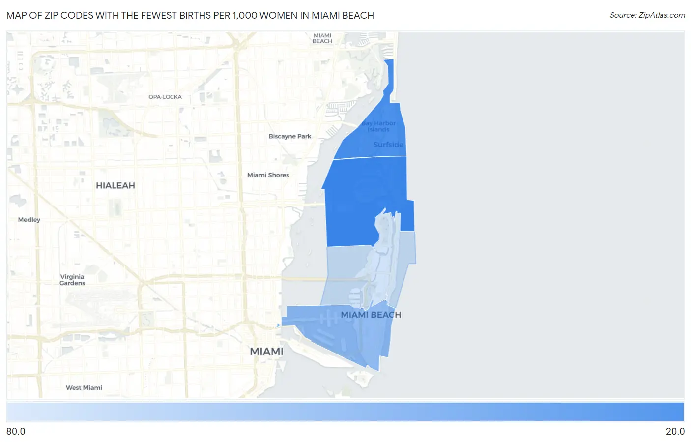 Zip Codes with the Fewest Births per 1,000 Women in Miami Beach Map