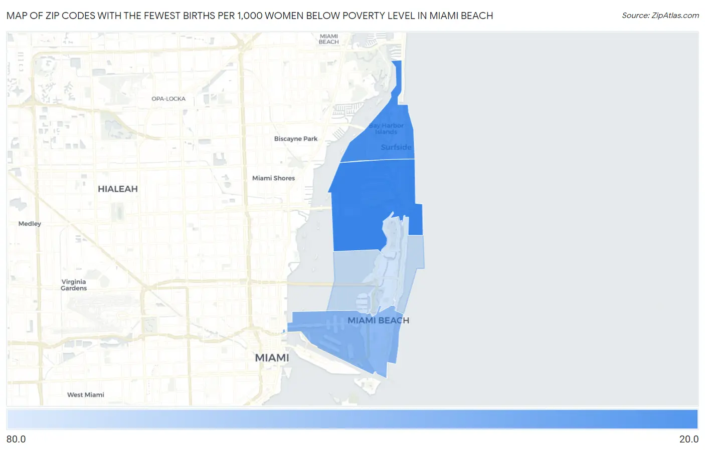 Zip Codes with the Fewest Births per 1,000 Women Below Poverty Level in Miami Beach Map