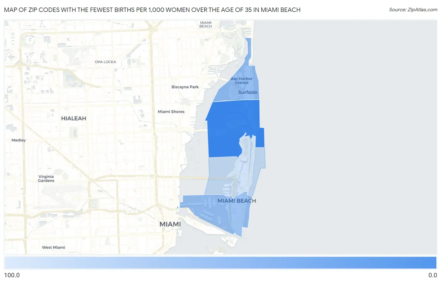 Zip Codes with the Fewest Births per 1,000 Women Over the Age of 35 in Miami Beach Map