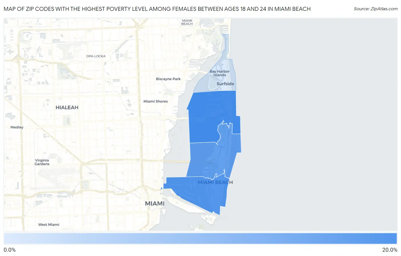 Zip Codes with the Highest Poverty Level Among Females Between Ages 18 and 24 in Miami Beach Map