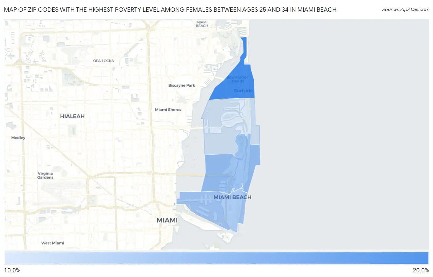 Zip Codes with the Highest Poverty Level Among Females Between Ages 25 and 34 in Miami Beach Map
