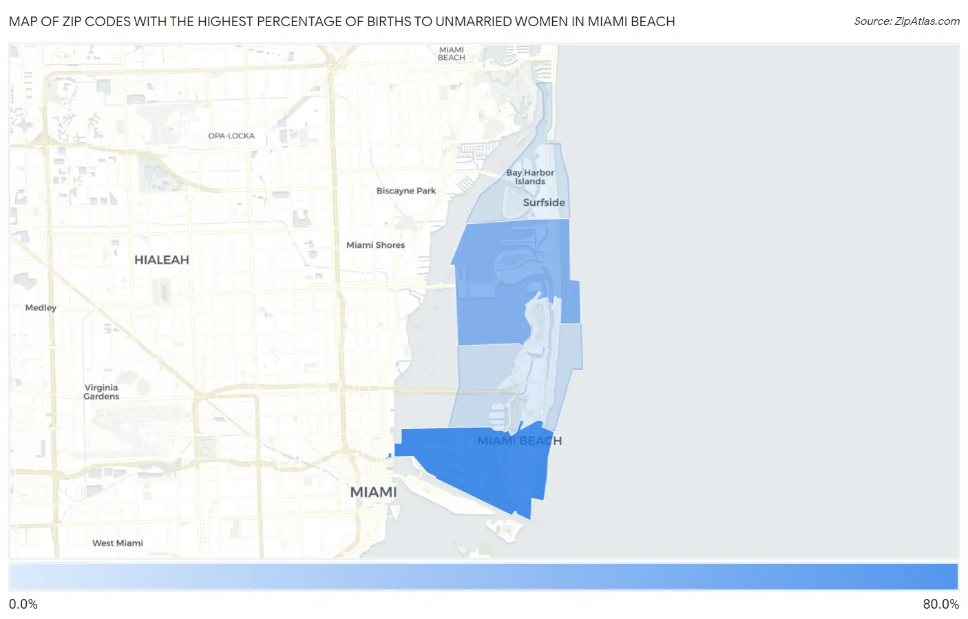 Zip Codes with the Highest Percentage of Births to Unmarried Women in Miami Beach Map