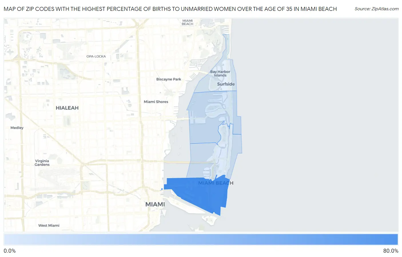 Zip Codes with the Highest Percentage of Births to Unmarried Women over the Age of 35 in Miami Beach Map