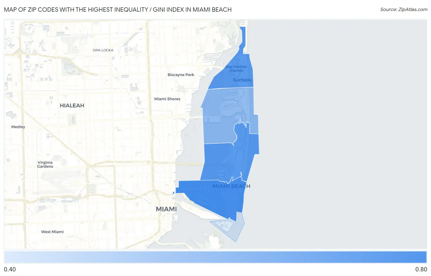Zip Codes with the Highest Inequality / Gini Index in Miami Beach Map