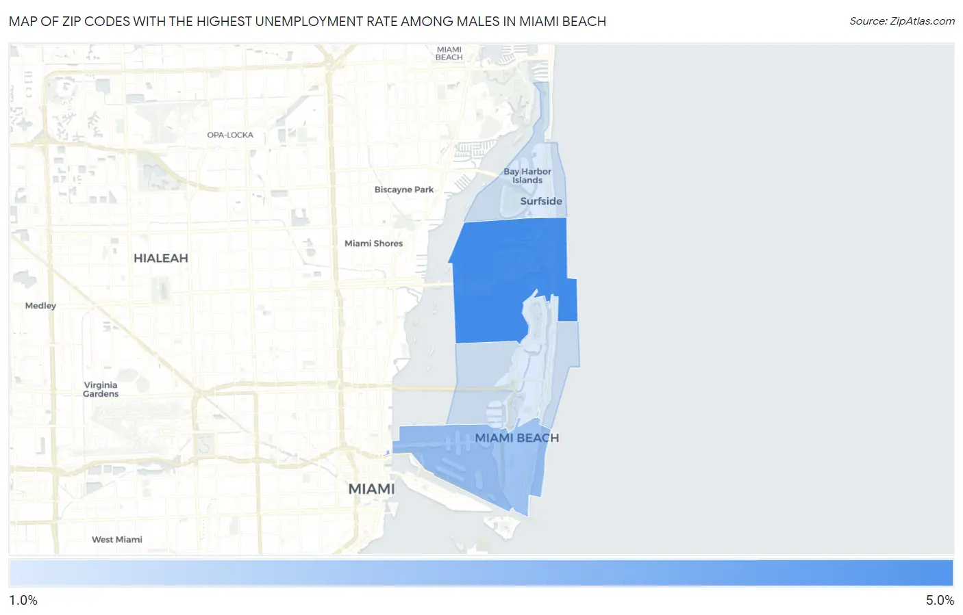 Zip Codes with the Highest Unemployment Rate Among Males in Miami Beach Map