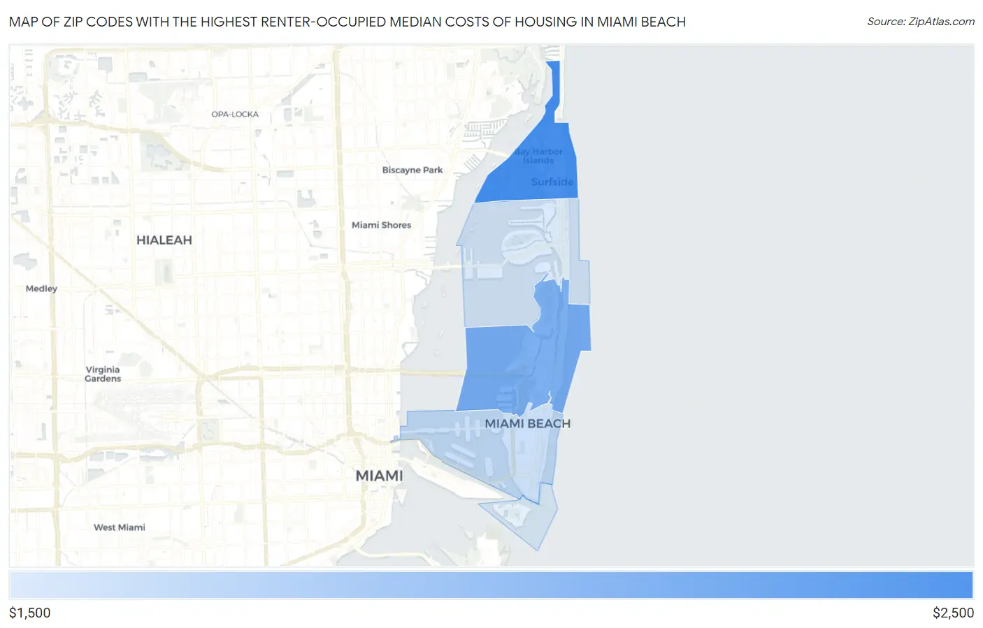 Zip Codes with the Highest Renter-Occupied Median Costs of Housing in Miami Beach Map