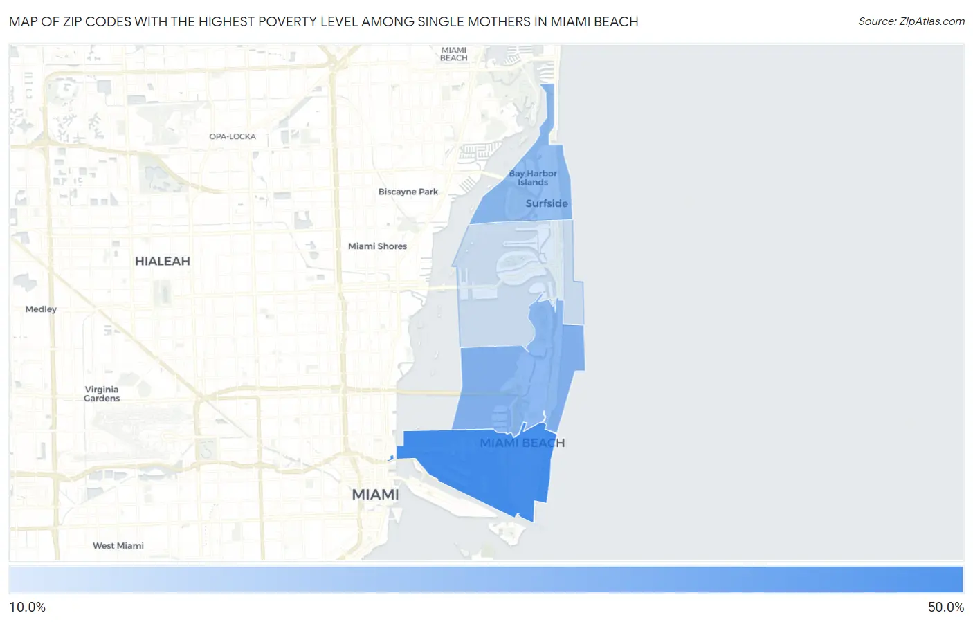 Zip Codes with the Highest Poverty Level Among Single Mothers in Miami Beach Map