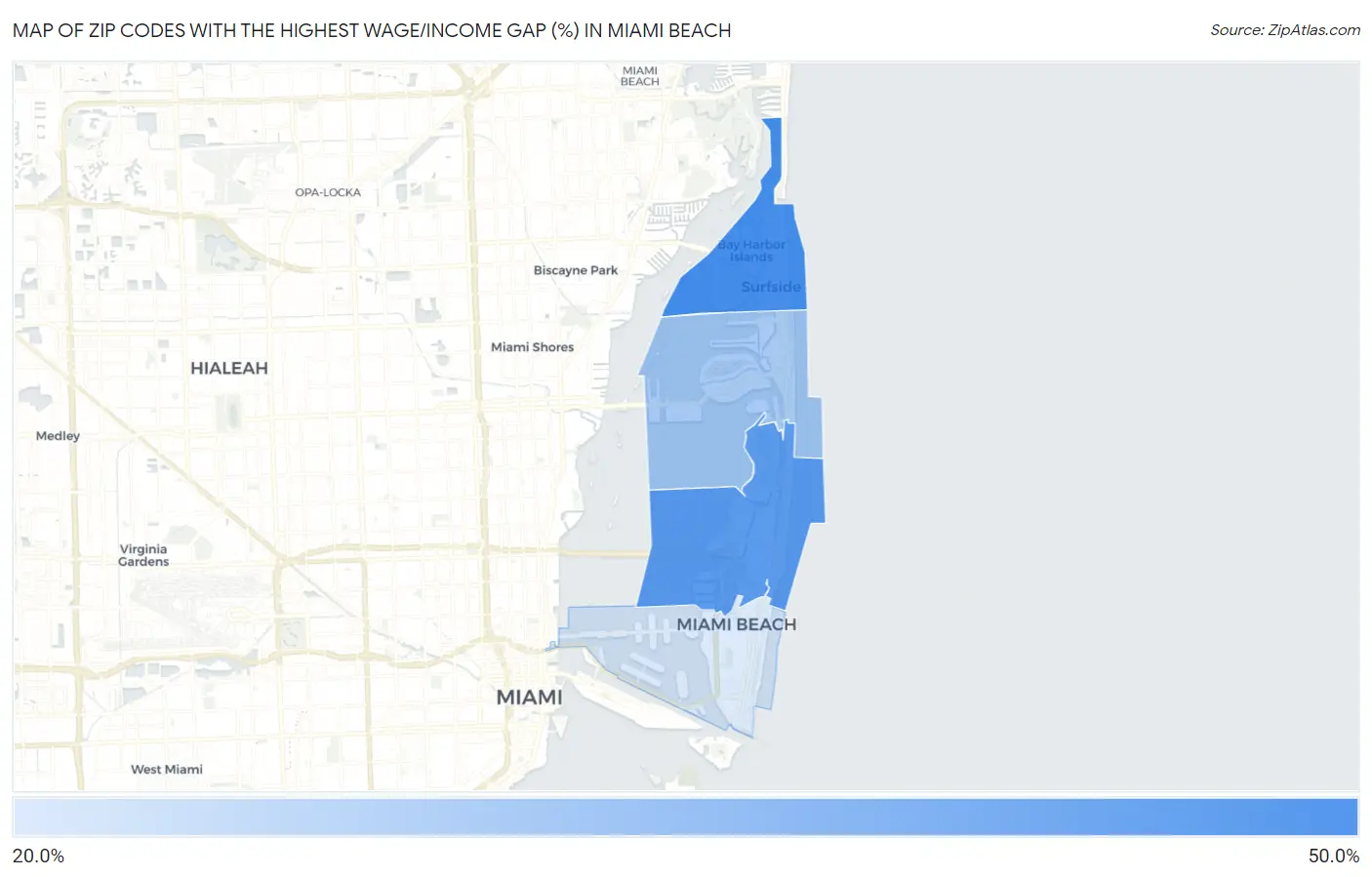 Zip Codes with the Highest Wage/Income Gap (%) in Miami Beach Map