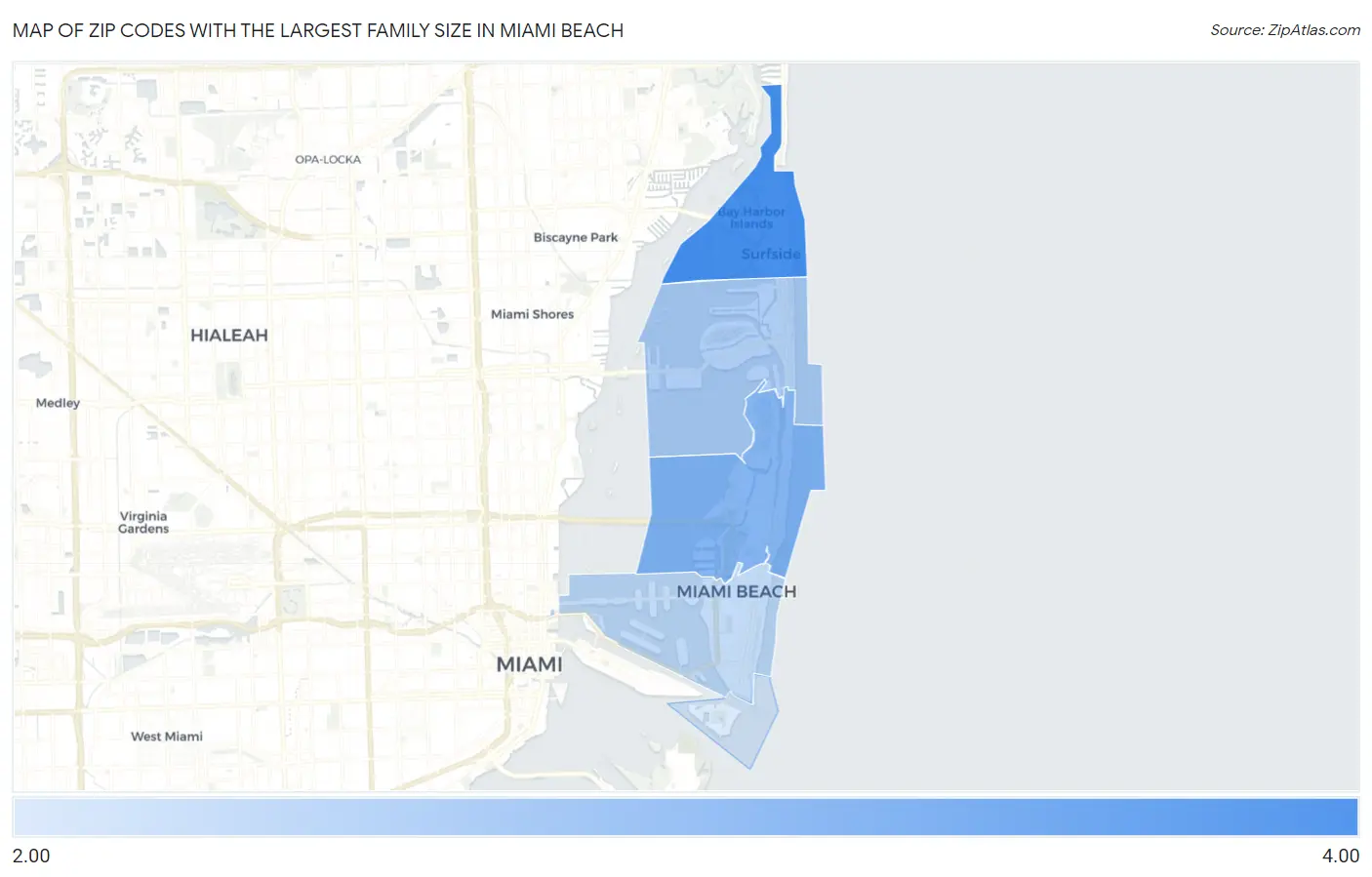 Zip Codes with the Largest Family Size in Miami Beach Map
