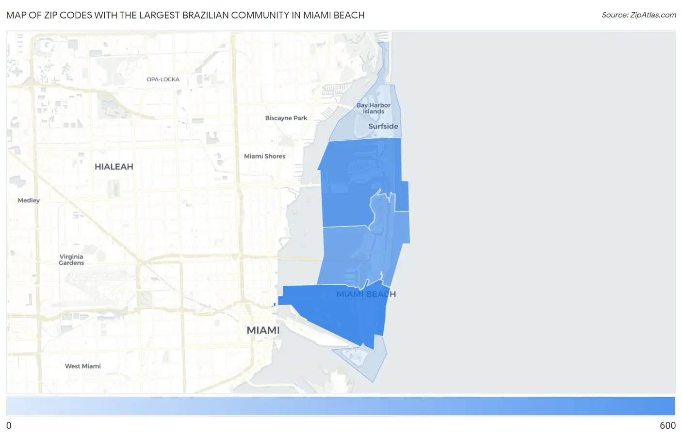 Zip Codes with the Largest Brazilian Community in Miami Beach Map