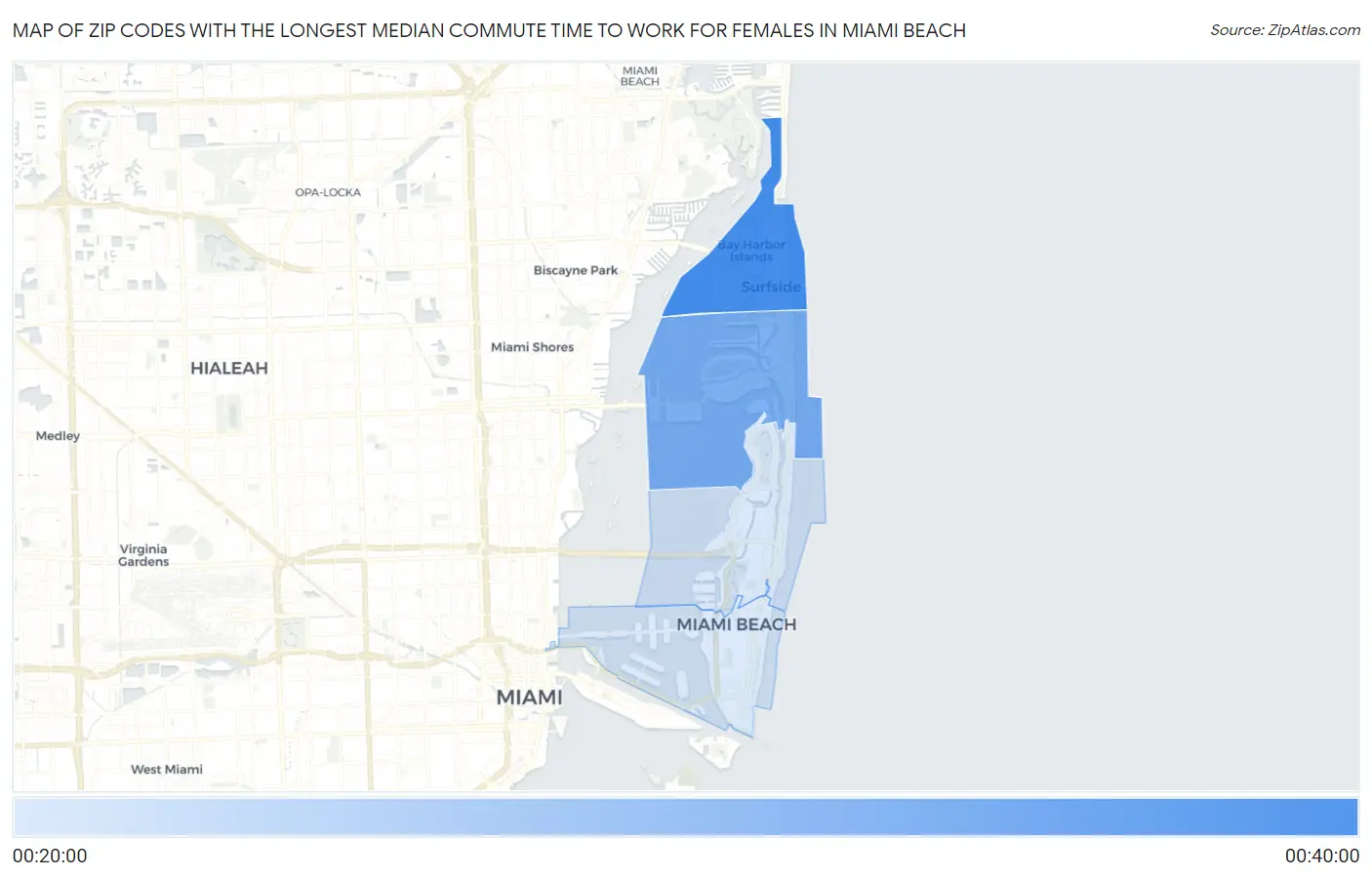 Zip Codes with the Longest Median Commute Time to Work for Females in Miami Beach Map