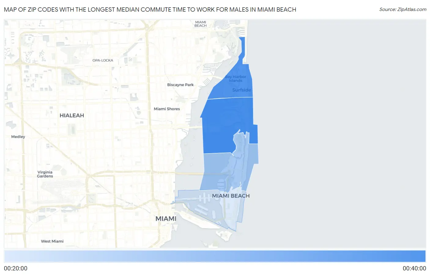 Zip Codes with the Longest Median Commute Time to Work for Males in Miami Beach Map
