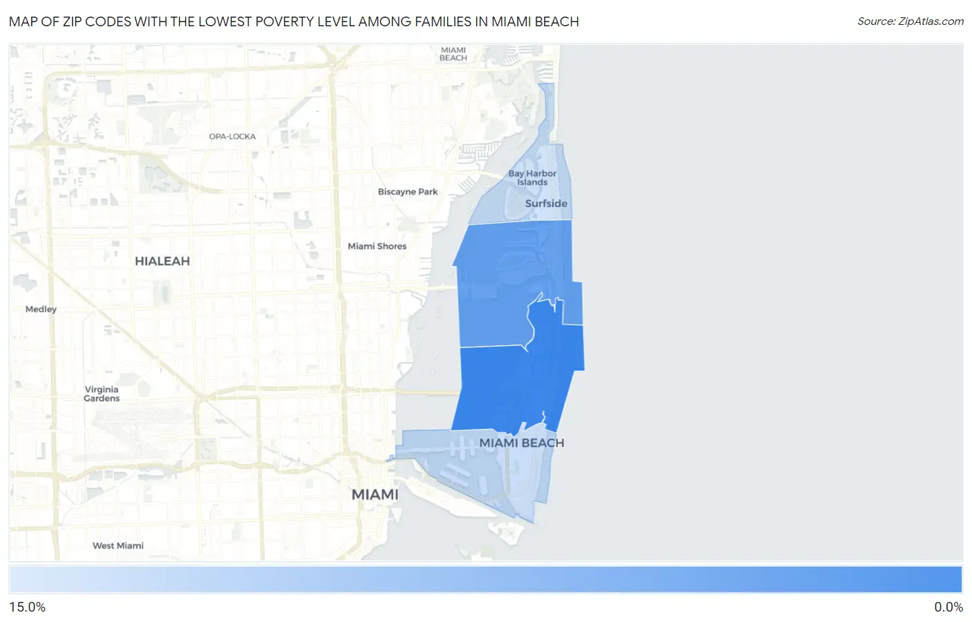 Zip Codes with the Lowest Poverty Level Among Families in Miami Beach Map