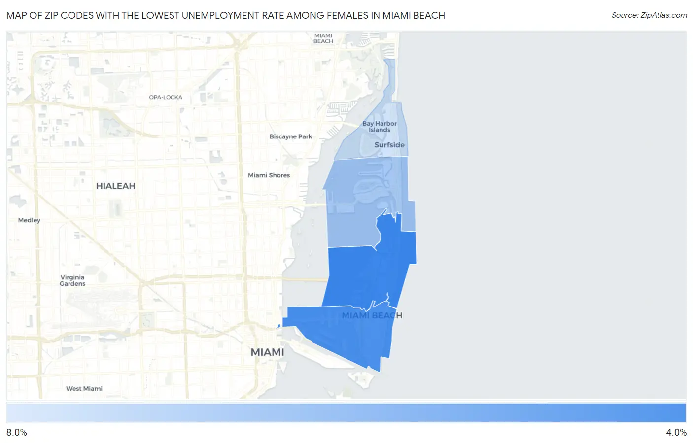 Zip Codes with the Lowest Unemployment Rate Among Females in Miami Beach Map