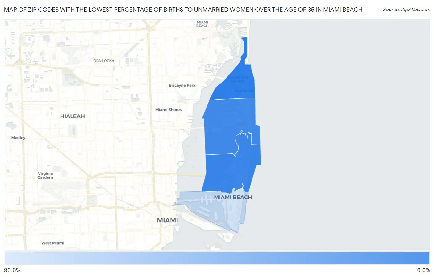 Zip Codes with the Lowest Percentage of Births to Unmarried Women over the Age of 35 in Miami Beach Map