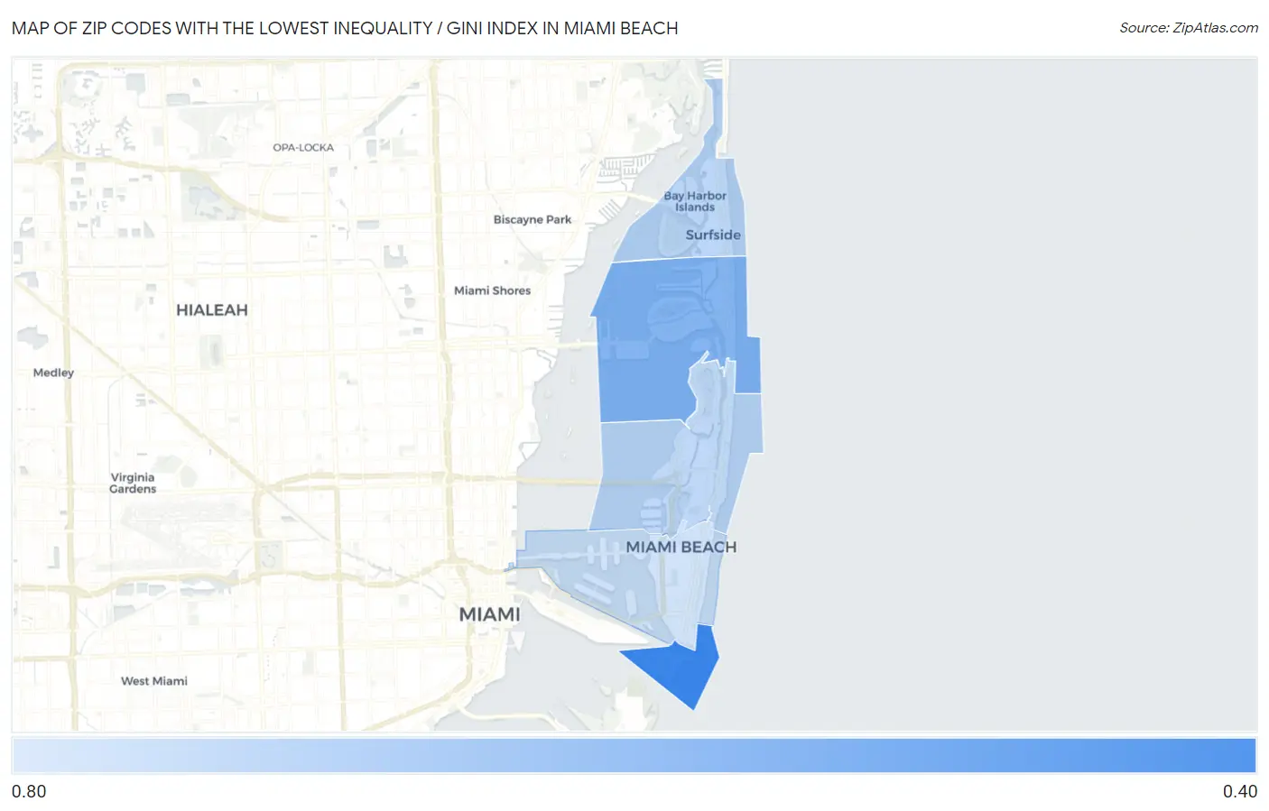 Zip Codes with the Lowest Inequality / Gini Index in Miami Beach Map