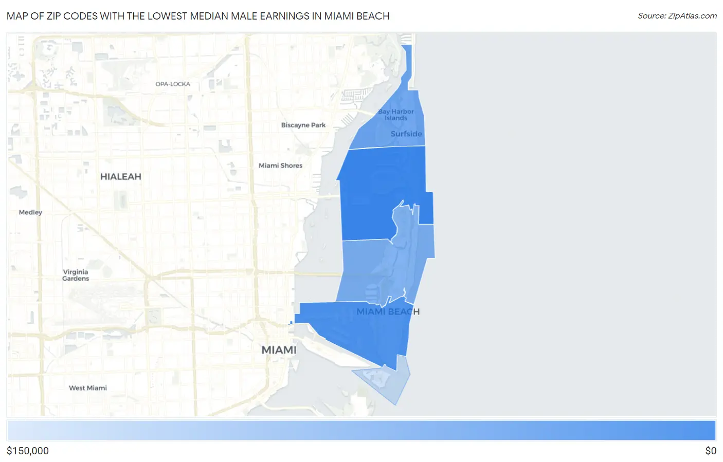 Zip Codes with the Lowest Median Male Earnings in Miami Beach Map